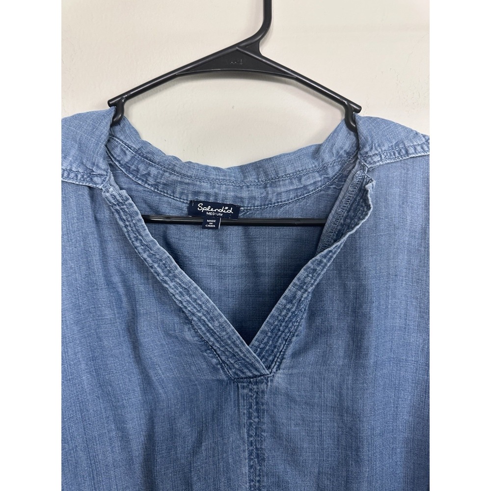 Splendid Denim Chambray Collared Short Sleeve Cropped Blouse Top Size MEDIUM - Picture 10 of 16